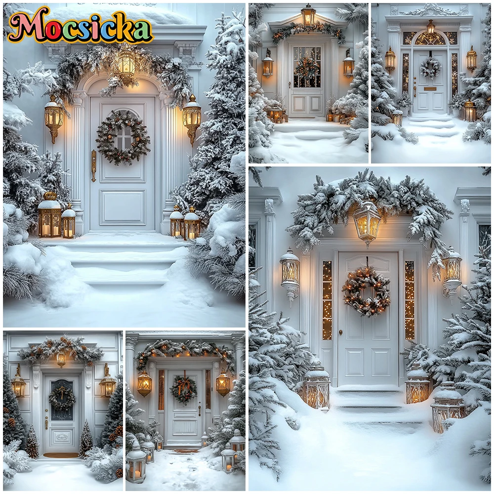 

Mocsicka Merry Christmas Background New Year Party Xmas Tree White Door Winter Snow Backdrop Decorations Studio Banner Wallpaper
