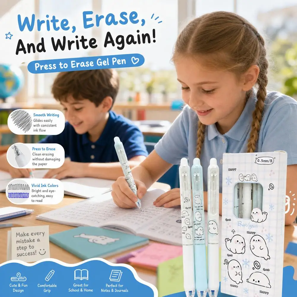 4Pcs Erasable Gel Pens for Kids Blue Black Ink Friction Erase Pens with Stylish Side Button Design for Elementary School