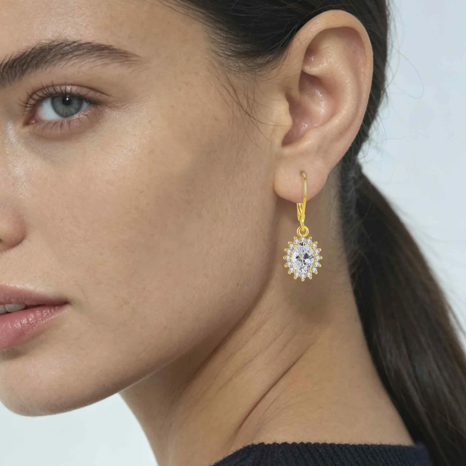 LAMVOICE Gold Oval AAAAA+ Zircon Halo Leverback Dangle Earrings,Hypoallergenic Anti‑Tarnish Women Party Jewelry