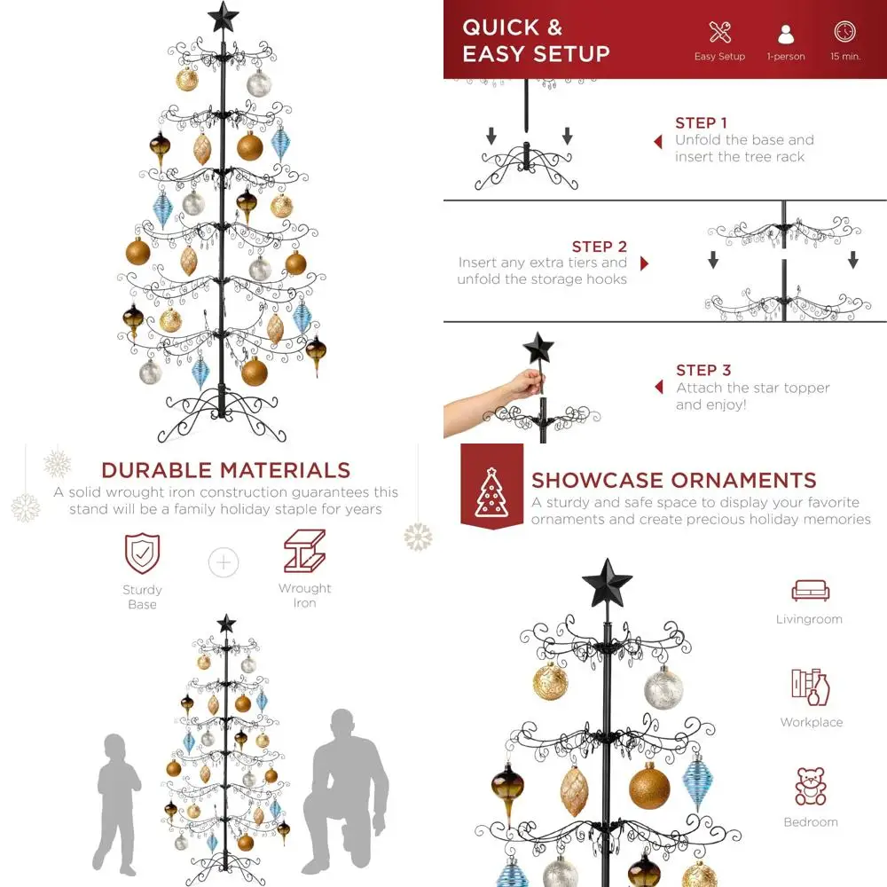 

6-футовая рождественская елка из кованого железа с легкой сборкой и подставкой — черная, идеально подходит для праздничных украшений