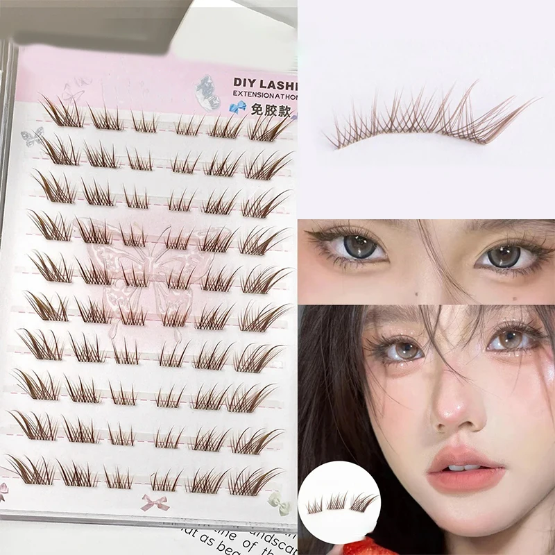 10 Rows Fluffy False Eyelashes Reusable DIY Self-adhesive Segmented Thick Winged Lash Extension Fox Eye Effect Daily Use