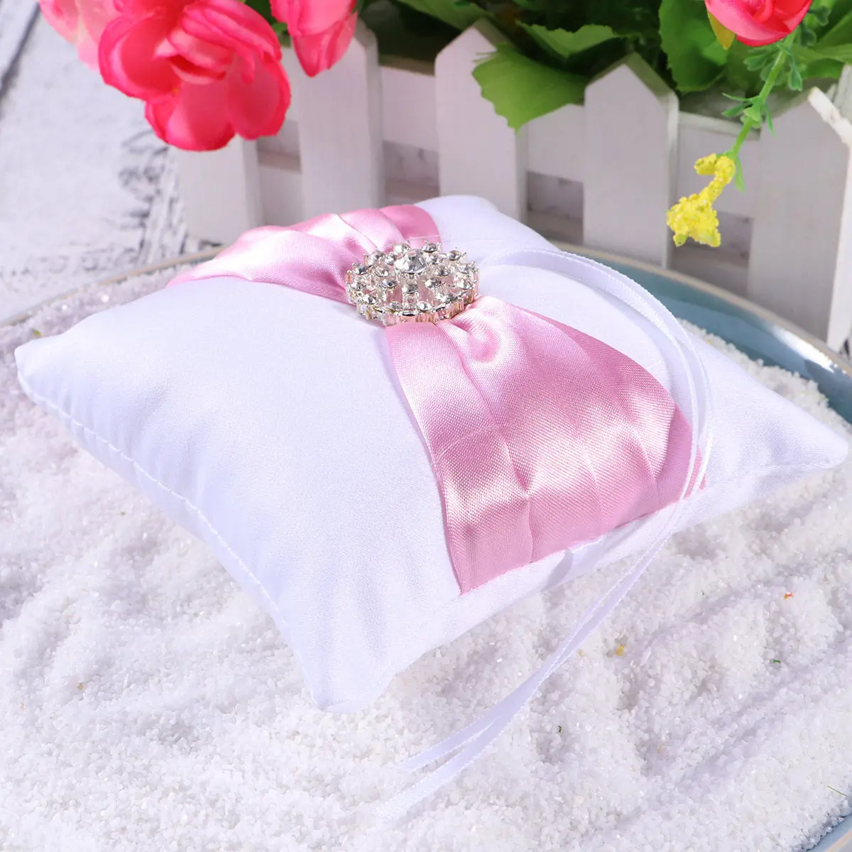 

Wedding Ring Pillow Pink Crystal Ribbon Lace Decorated Compact Soft Touch Cushion for Wedding Ceremony Ring Bearer