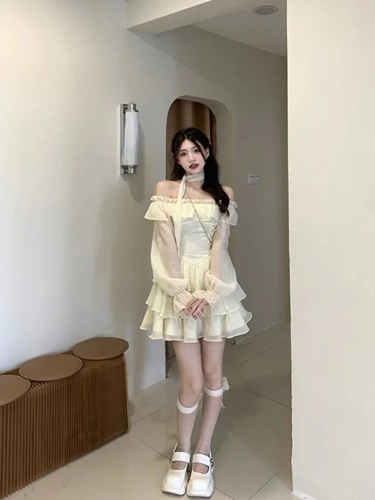 Sexy Off Shoulder Spicy Girl Dress 2024 Autumn Fairy Style One Shoulder Tied Waist Ruffled Cake Skirt for Women