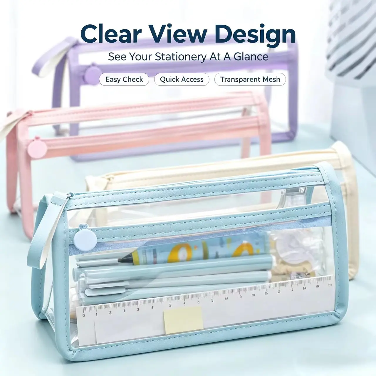 Transparent PVC Pencil Case Waterproof Large Capacity Double Layer Pen Bag Ins Style Makeup Bag Storage Bag School Stationery