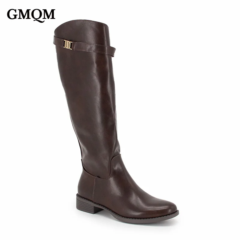 

GMQM Women's Knee High Boots Brown Chunky Heel Round Toe Long Boots Side Zipper Wide Calf Riding Boots For Dress Festival Party