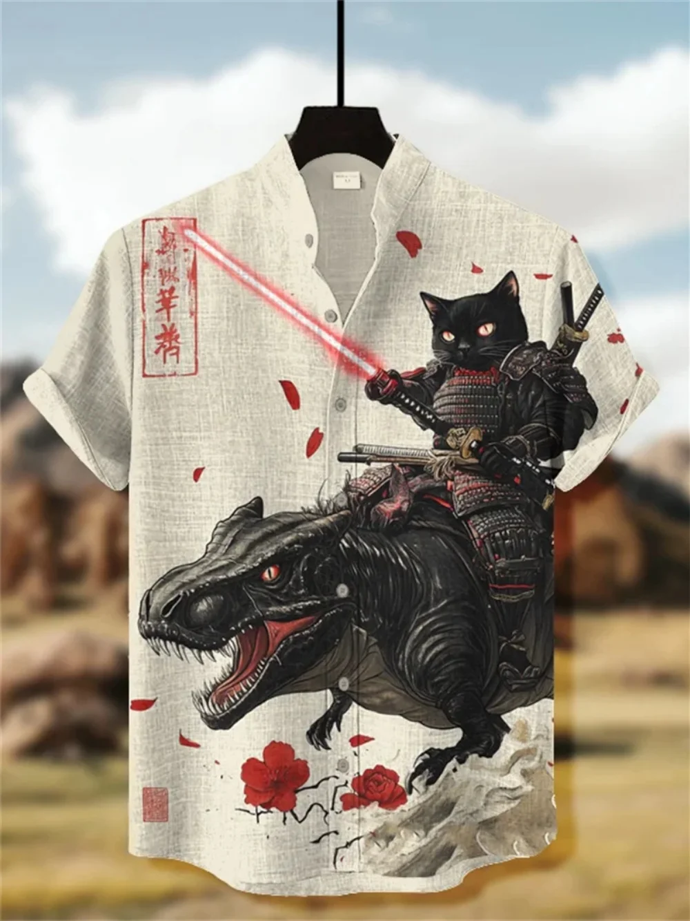 

Men's Japanese Samurai Style Short Sleeve Shirt Black Cat Print Stand up Collar Linen Fashion High-Quality Street Top