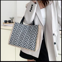 Female Flax Handbag Large Capacity Shoulder Bag Womens Top Handle Tote Bag Fashion Ladies Reusable Woven Shopping Bag Beach Bag