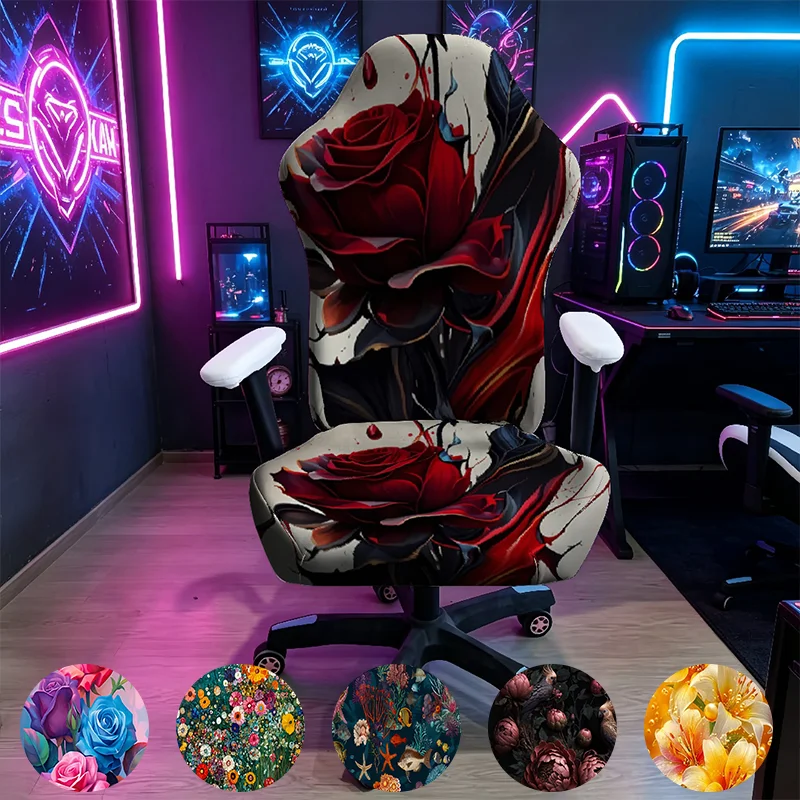 Elegant Style Rose Printed E-Sports Chair Cover, High Elastic and Durable Washable Chair Cover, E-Sports Chair Cover