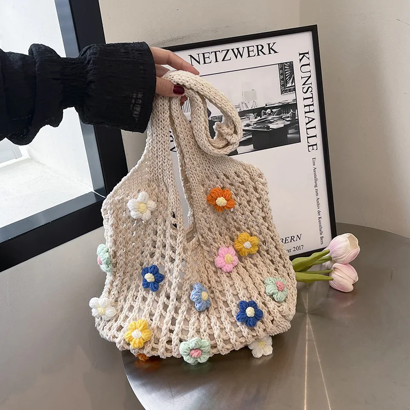 

Вязаные сумки на плечо с цветами для женщин, полый дизайн, большая вместительная женская сумка-тоут, универсальные женские пляжные сумки