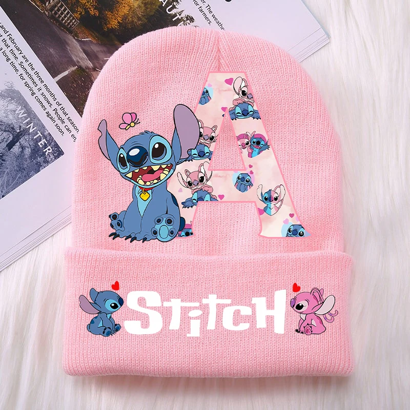 Cute Stitch Disney Baby Hats Knitted Hats Kawaii Cartoon Letter A-Z Printed Beanie Children Casual Warm Hat Autumn Girl Clothing