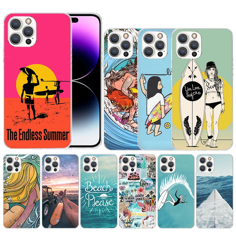 Surfboard Surfing Art Surf Girl Summer Soft Cover for iPhone 15 14 13 12 Mini 11 Pro Max Print Phone Case X XS XR 7 Plus 8 + SE