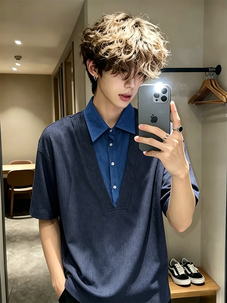 

Men's Summer Short Sleeve Ice Silk Denim Look Shirt Drapey Loose Fit Comfortable Breathable Fashionable Casual Wear