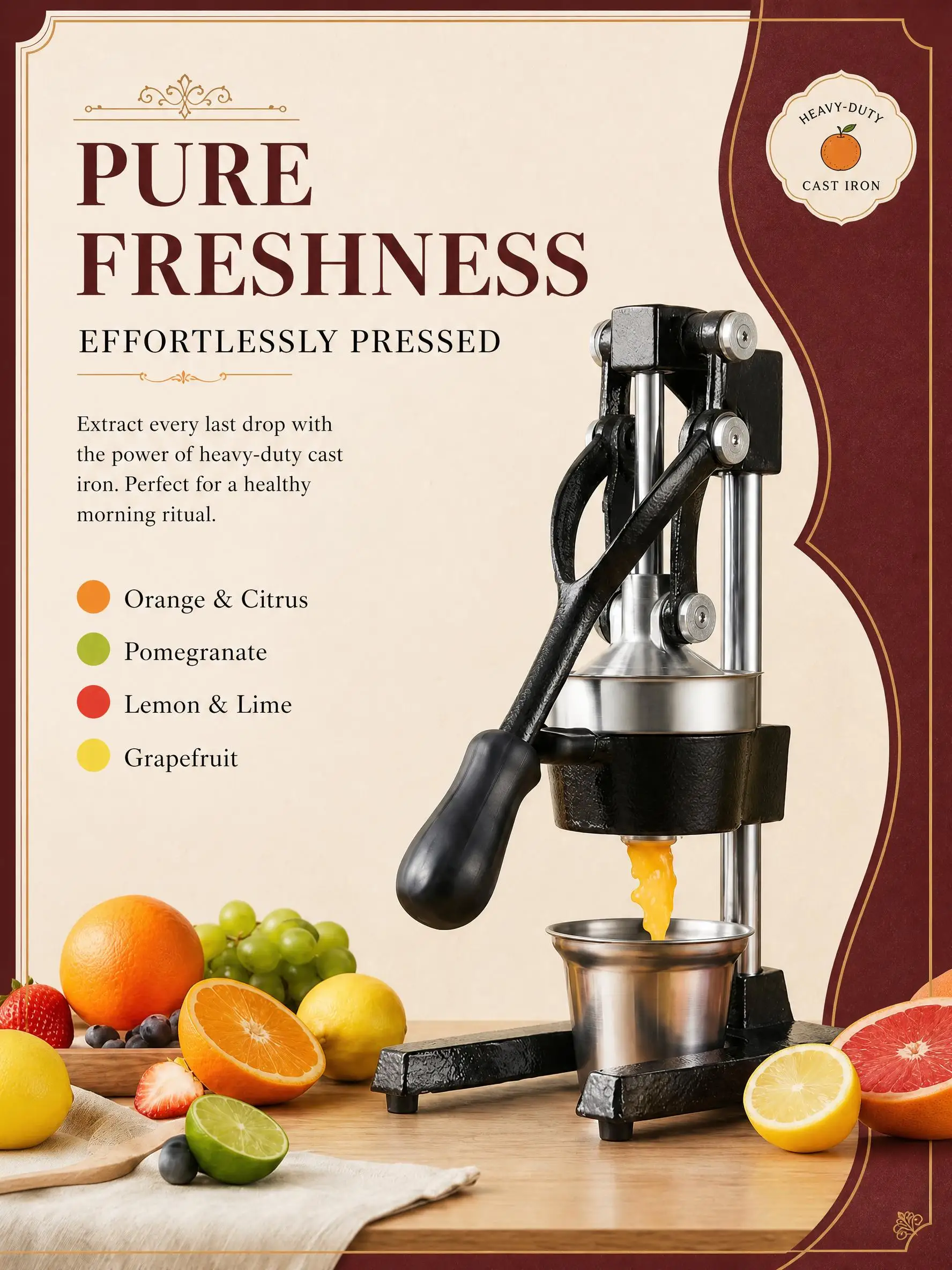 Manual Juicer, Manual Citrus Juicer Press, Heavy Duty Cast Iron Orange Pomegranate Squeezer with 400ml Cup, Hand Press Juice Extractor for Home Kitchen Bar
