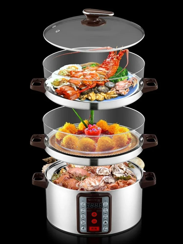 Sanmsie32cm Multi-function Super Large Electric Steamer Multi-layer Stainless Steel Transparent Steamer Buffet Food Warmer