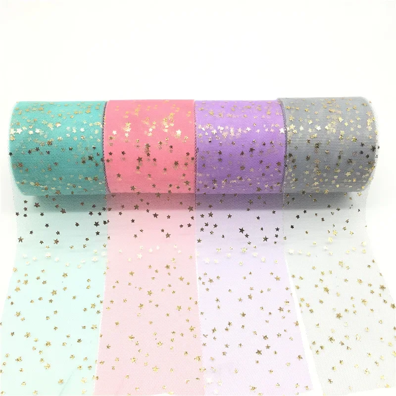 20yards/lot Width 6cm Golden Star Spot Printed Glitter Tulle Mesh Roll Spool Tutu Pom Soft Squine Tulle DIY Crafts Decoration