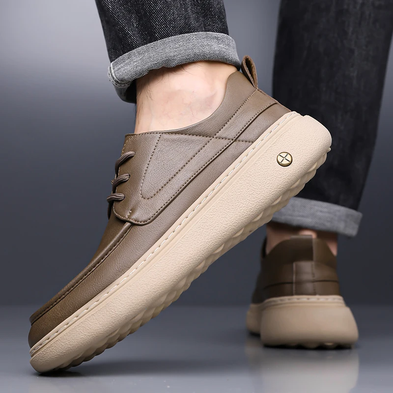

New Men's Casual Leather Shoes Retro Lace-Up Round Toe Soft Sole Wear-Resistant Versatile Trendy Shoes for Young Men