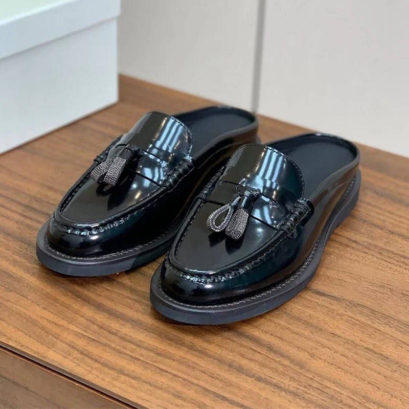 Genuine Leather Closed Toe Retro Flat Bottom Slippers Women's String Bead Tassels Decor Lazy Mules Spring Autumn Holiday Shoes