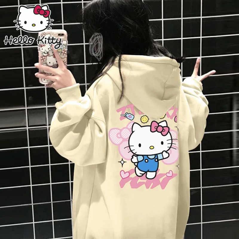 Sanrio Hello Kitty Hooded Sweatshirt Girl Cute Cartoon Casual Loose Hoodie Autumn Winter Thickening Kids Coat Clothing Tops Gift