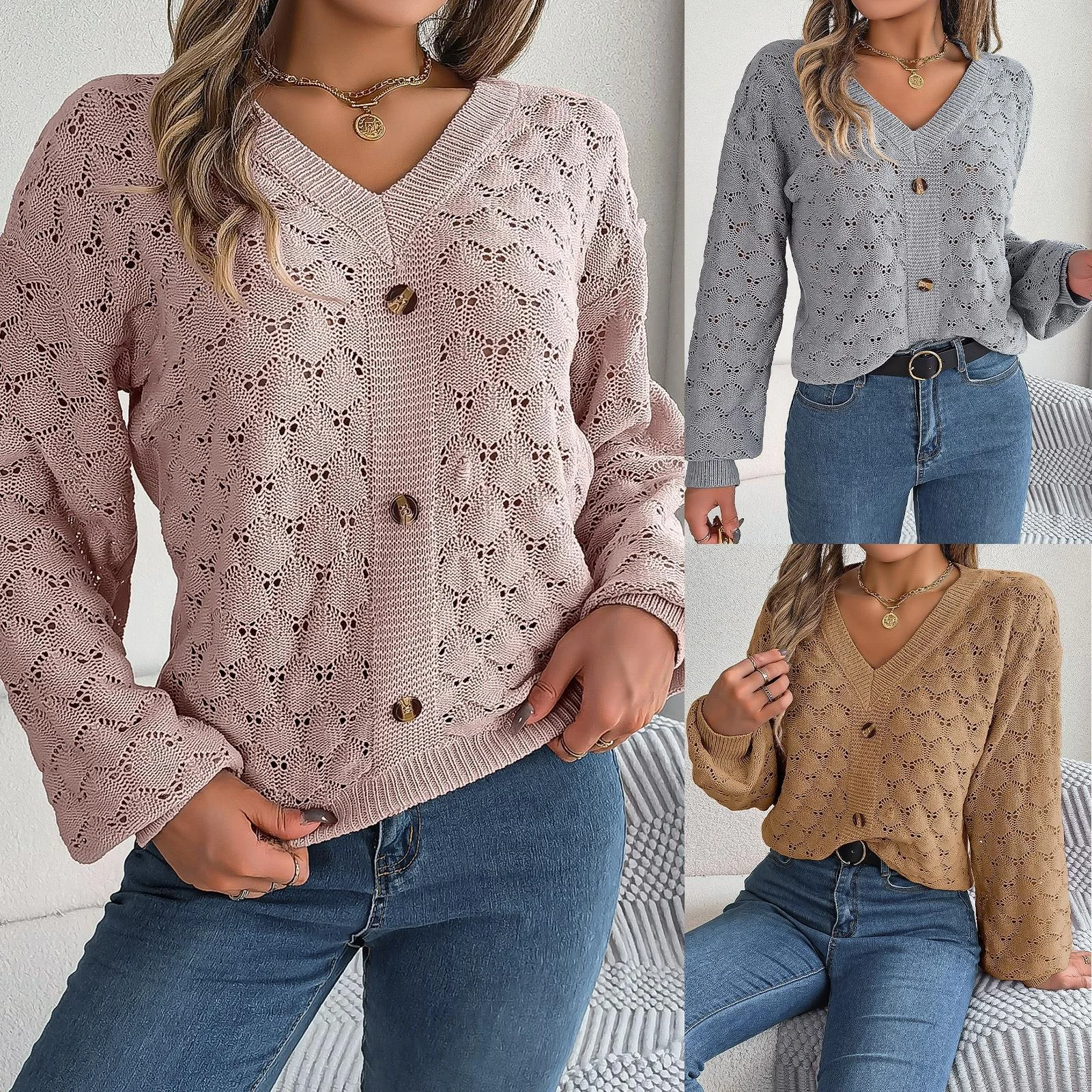 

Autumn Winter Casual V-Ne Button Hollow Lantern Sve Overhead Sweater Independent Station Cross-Border Women's Faion