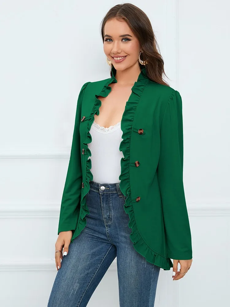 Veste à manches longues à volants pour femmes, haut décontracté, bouton élégant, manteau à la mode, combinaison décontractée, vert, automne, hiver, nouveau, 2023