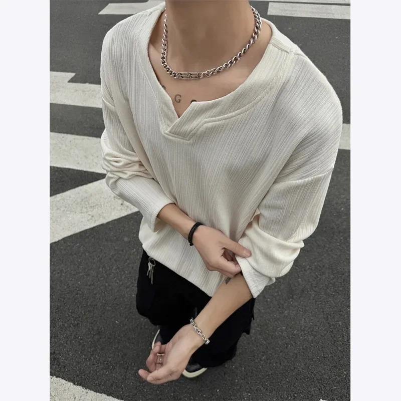 Pop Spring Long Sleeved T-shirt Men Fashion Casual Pleated T Shirt Men Streetwear Korean Loose Round Neck T Shirt Mens Top M-3XL