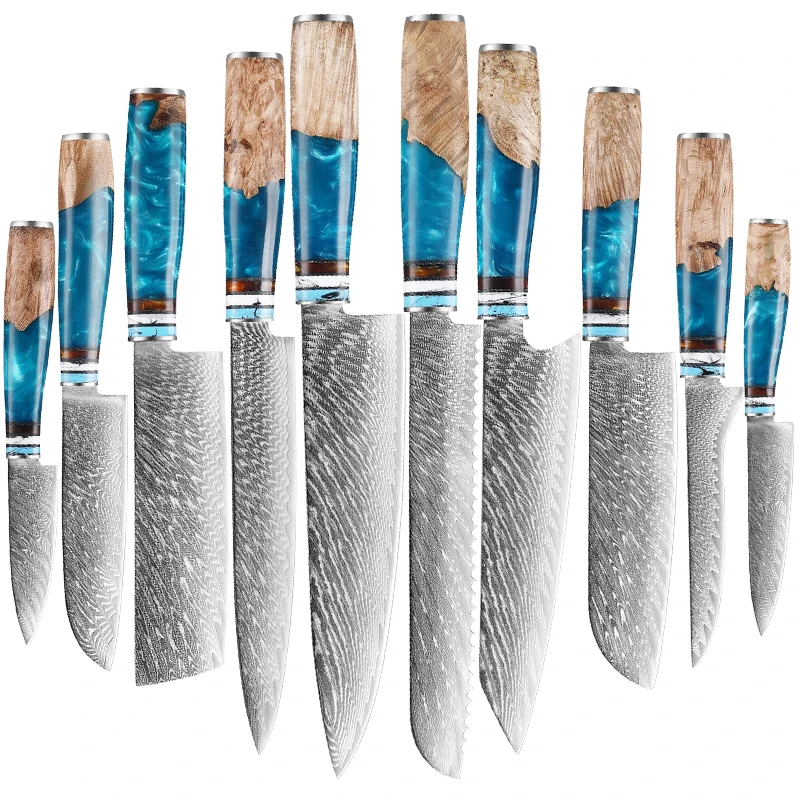 Damascus Chef Knives Set 1-10pcs Japan Kiritsuke Nakiri Knife Kitchen Santoku Salmon Slicing Fish Knife Cleaver