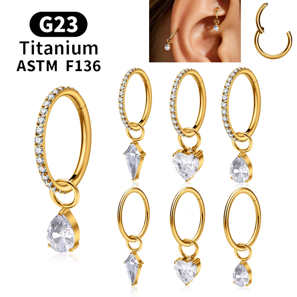 ASTM F136 Titanium Pear Heart Kite CZ Drape Rook Earring 16G Clicker Hoop Cartilage Tragus Conch Lobe Helix Piercing Jewelry
