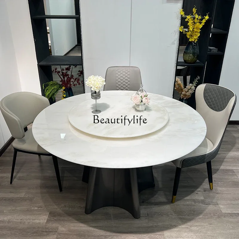 

Z.Natural luxury stone with turntable round dining table modern simple household Italian light luxury marble