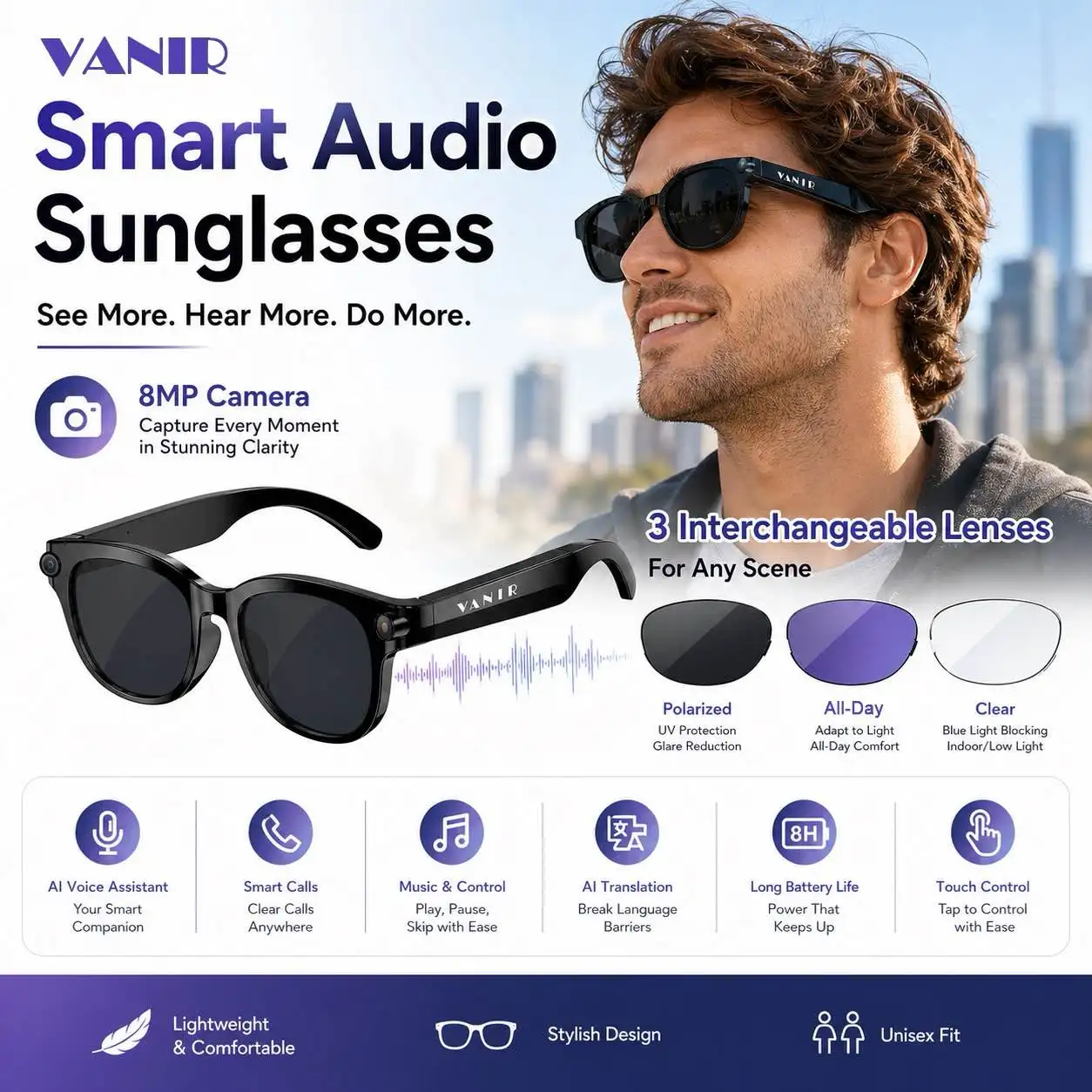 lunettes-intelligentes-vanir-avec-camera-8mp-traduction-ia-assistant-vocal-reconnaissance-d'objets-appels-musique-lampe-torche-led