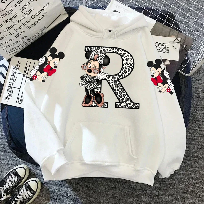 Leopard Minnie Mouse Disney A-Z 26 English Letters Hoodie Woman Clothing Y2k Clothes Long Sleeve Y2k Women\'s Sweatshirts Hoodies