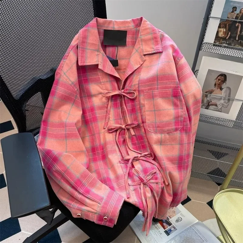 

DAYIFUN Women's Pink Strap Checkered Shirt Loose Casual Long Sleeve Female’s Blouse Turn-down Collar with Pocket Lady‘s Clothing