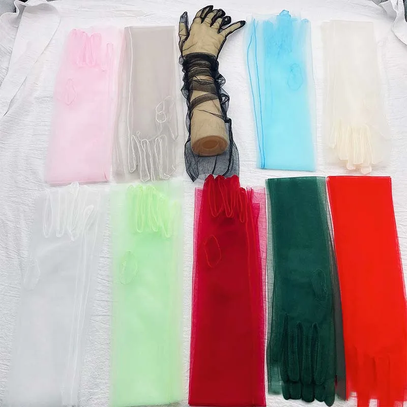 Guantes largos de tul transparente para novia, manopla de encaje Sexy, ultrafina, a la moda