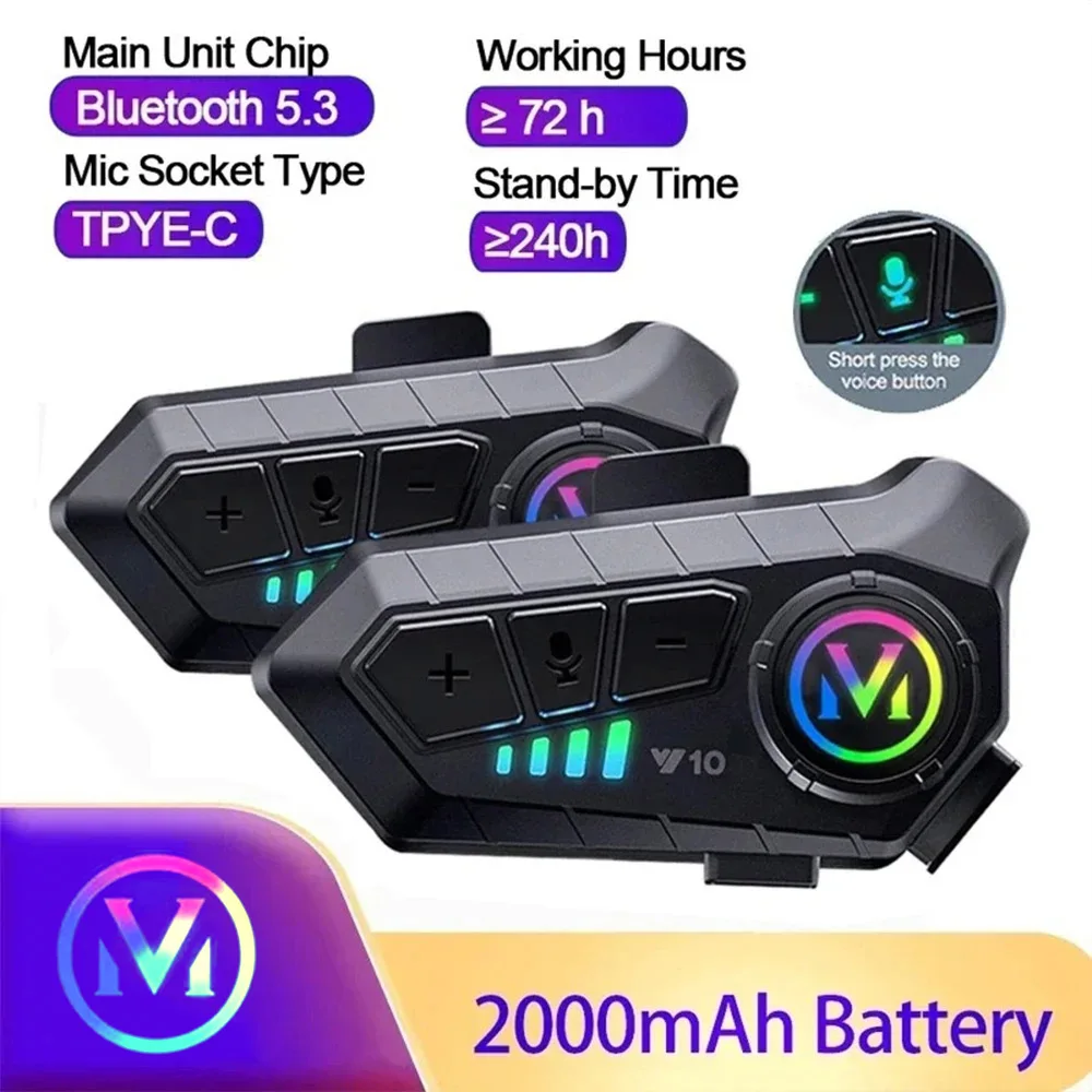 

V10 Motorcycle Intercom Headset Helmet Bluetooth 5.3 For 2 Riders intercommunicator 300M Waterproof Motorbike Interphone