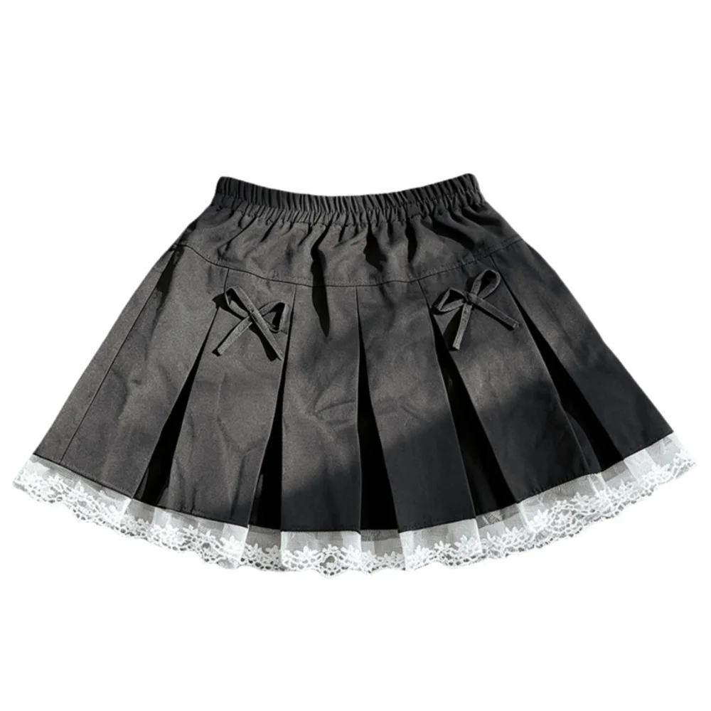 Fashion Bowknot Girl Pleated Skirt Pleated Design Lacw Edge Pleated Skirt Clothes Black Grey Uniform Style Uniform Skirt