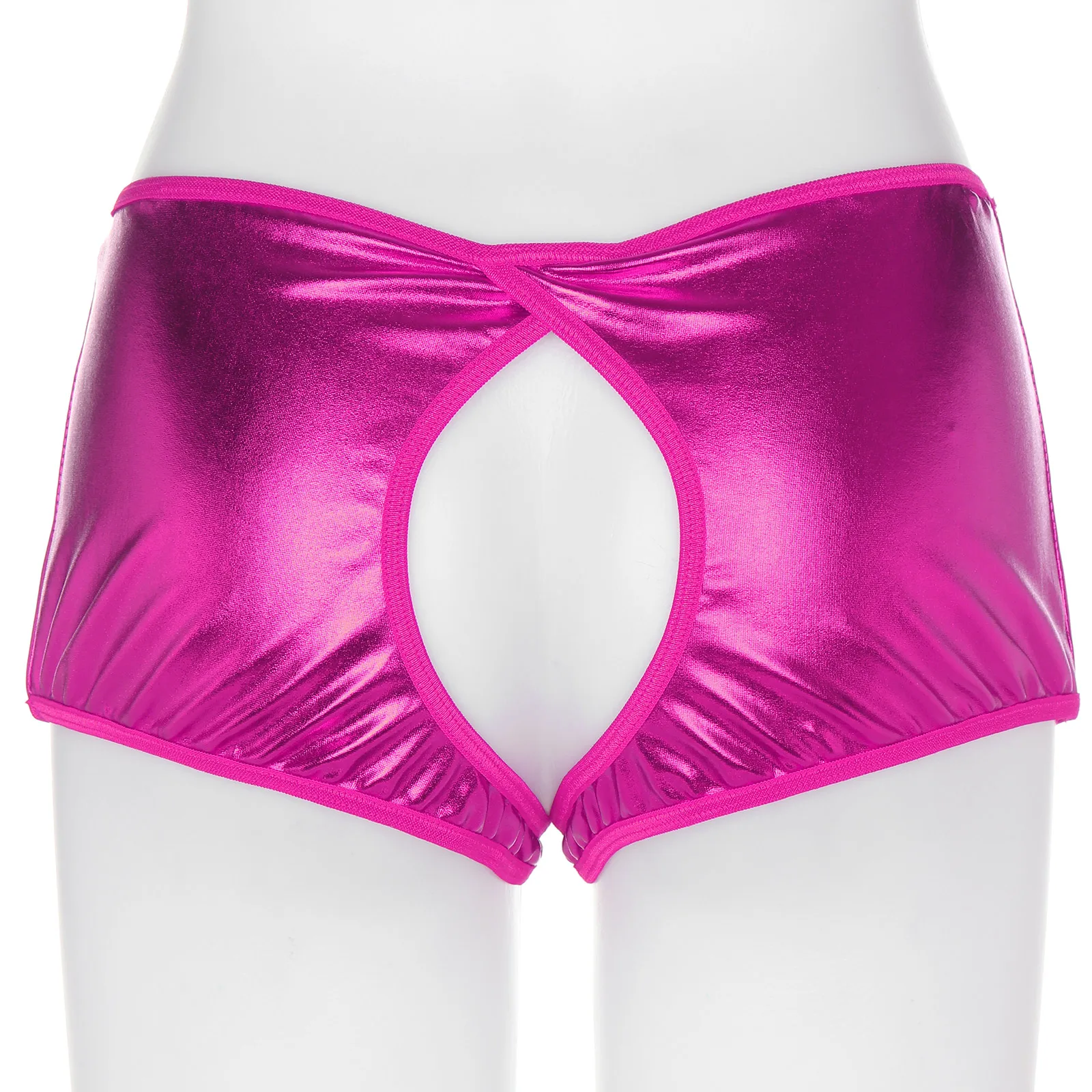 Lencería Sexy metálica para mujer, pantalones cortos de tiro bajo, entrepierna abierta, trasero abierto, ropa interior