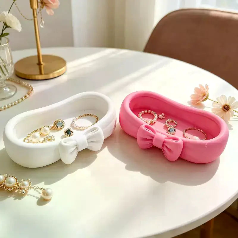 Pink Cute Bow Bathroom Desk Organizer Makeup Tray Toothbrush Skincare Storage Box