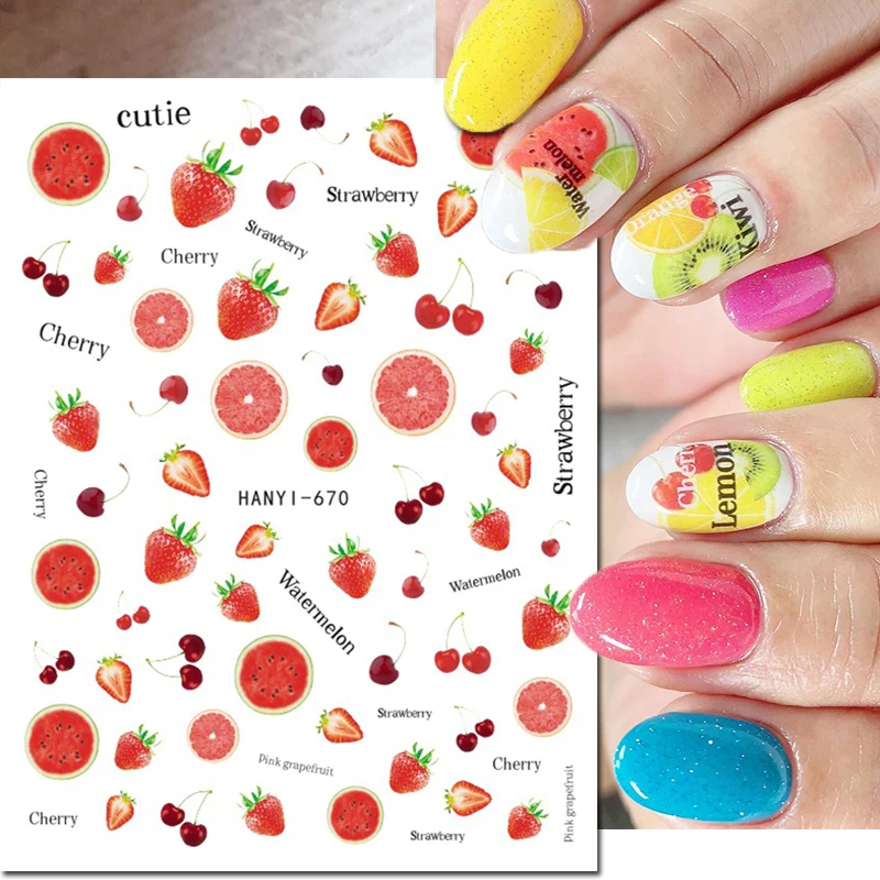 3d Nail Art Decals Summer Fruits Strawberry Cherry Adhesive Sliders Stickers For Nail Manicures Tips Beauty