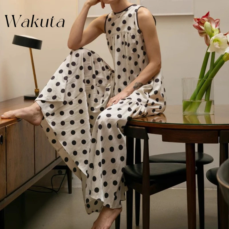 

WAKUTA Japanese Retro Romantic O Neck Niche Design Polka Dot Printed Vest Skirts Y2k Loose Temperament Sleeveless Slimming Robe
