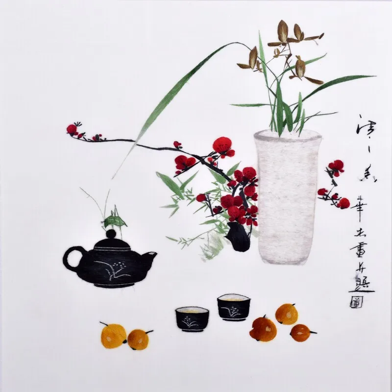 Suzhou Silk Embroidery Kit for Beginners, Tea Ceremony Themed DIY Handicraft Set with Pre-Printed Fabric and Silk Threads