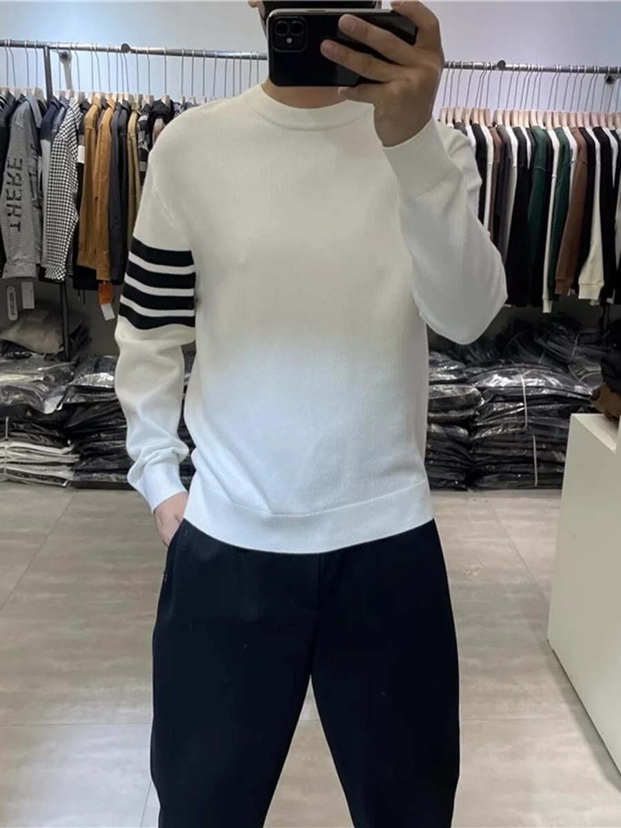 Autumn and Winter Contrast Color Striped sweater Men's Korean-Sle Simple round Neck Knit Youth Fashion Casual Base Cotton K...