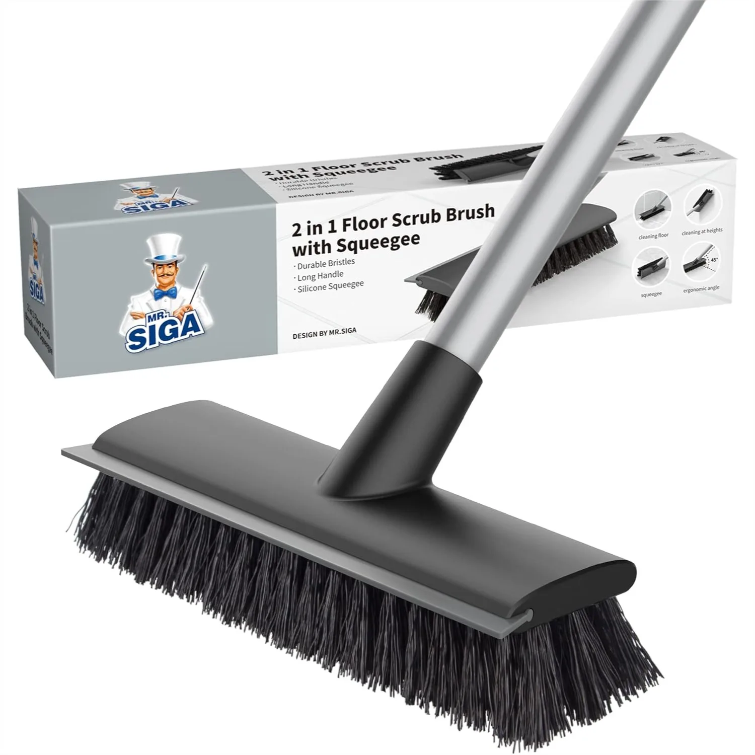 

2 In 1 Floor Scrub Brush With Long Handle, Stiff Bristles Scrubber And Squeegee For Cleaning Bathroom Patio Garage Wall Tile, Adjustable 48.8 Inch Pole