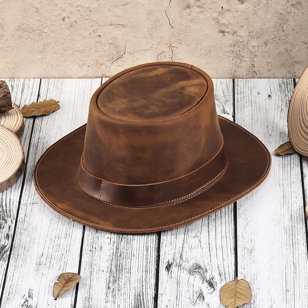 JOYIR Genuine Leather Men\'s Classic Cattleman Cowboy Hat Handcrafted Western Shapeable Durable Large 60CM Outdoor Cap