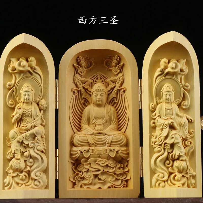 

Boxwood Buddha statue Three-open box home decoration Solid wood Western Trinity carry-on Buddha carving Thousand-Hand Guanyi