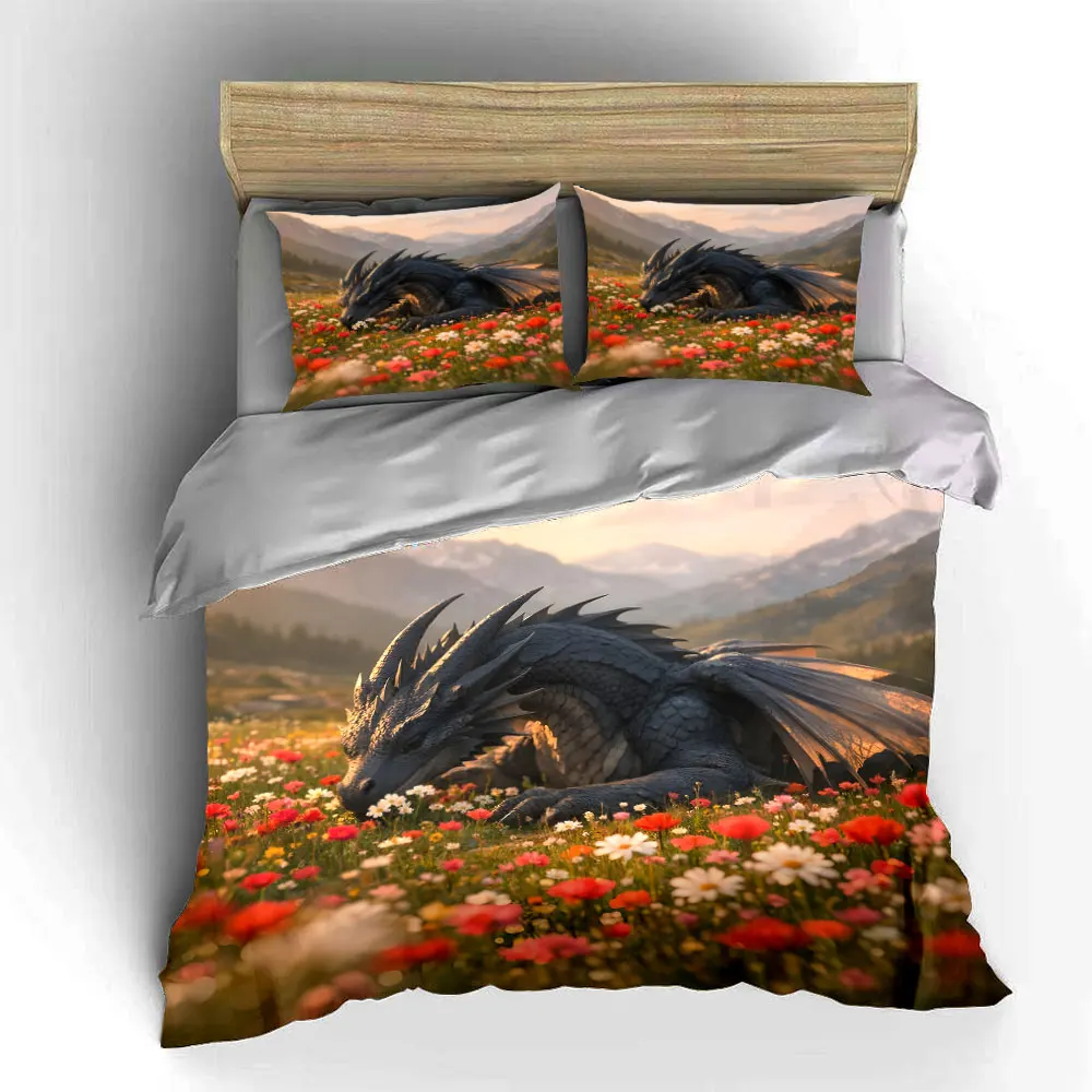 Black dragon resting in flowers Pattern Duvet Cover Set Digital Print Colorful Polyester Bedding with Zipper Closur for gifts 5