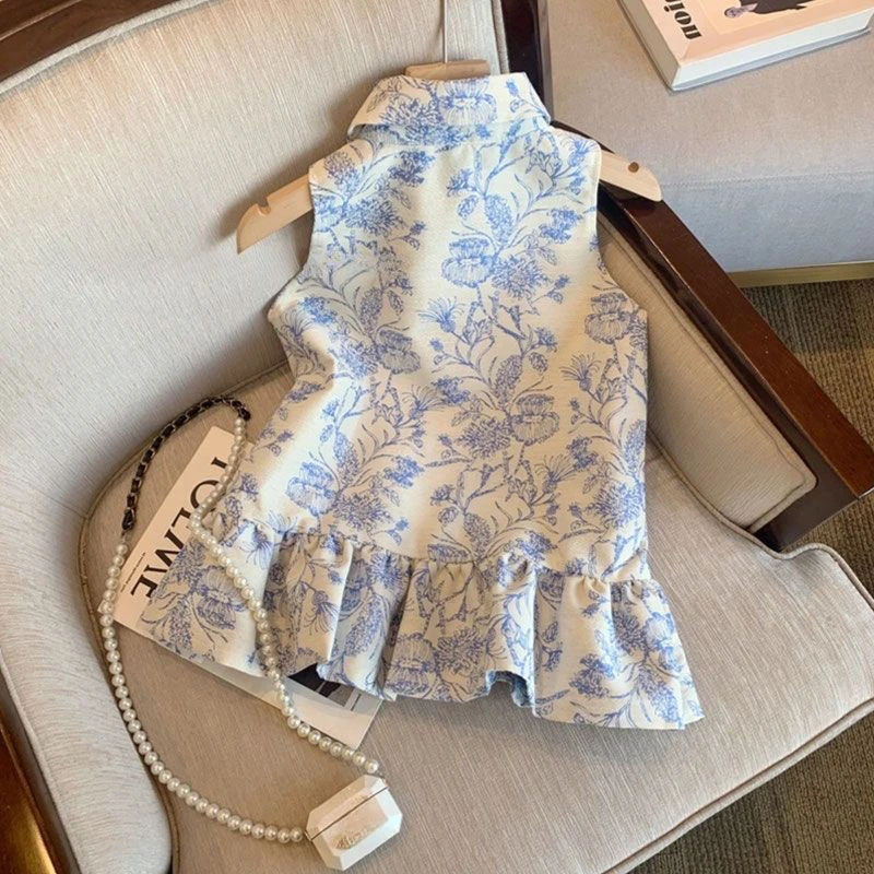 1-12Y Girls 2024 new dress ink painting foreign style new Chinese print Polo collar sleeveless summer temperament shoulder