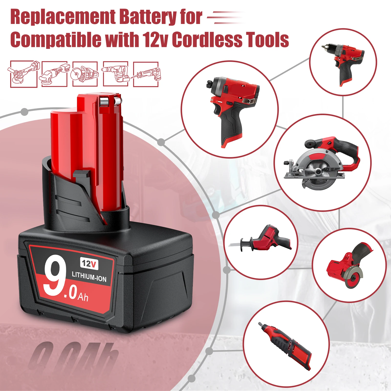 9000mAh Battery For Milwaukee M12 Lithium 12V M12B2 M12 XC 48-11-2430 48-11-241148-11-2401 MIL-12A-LI Tool Rechargeable Battery