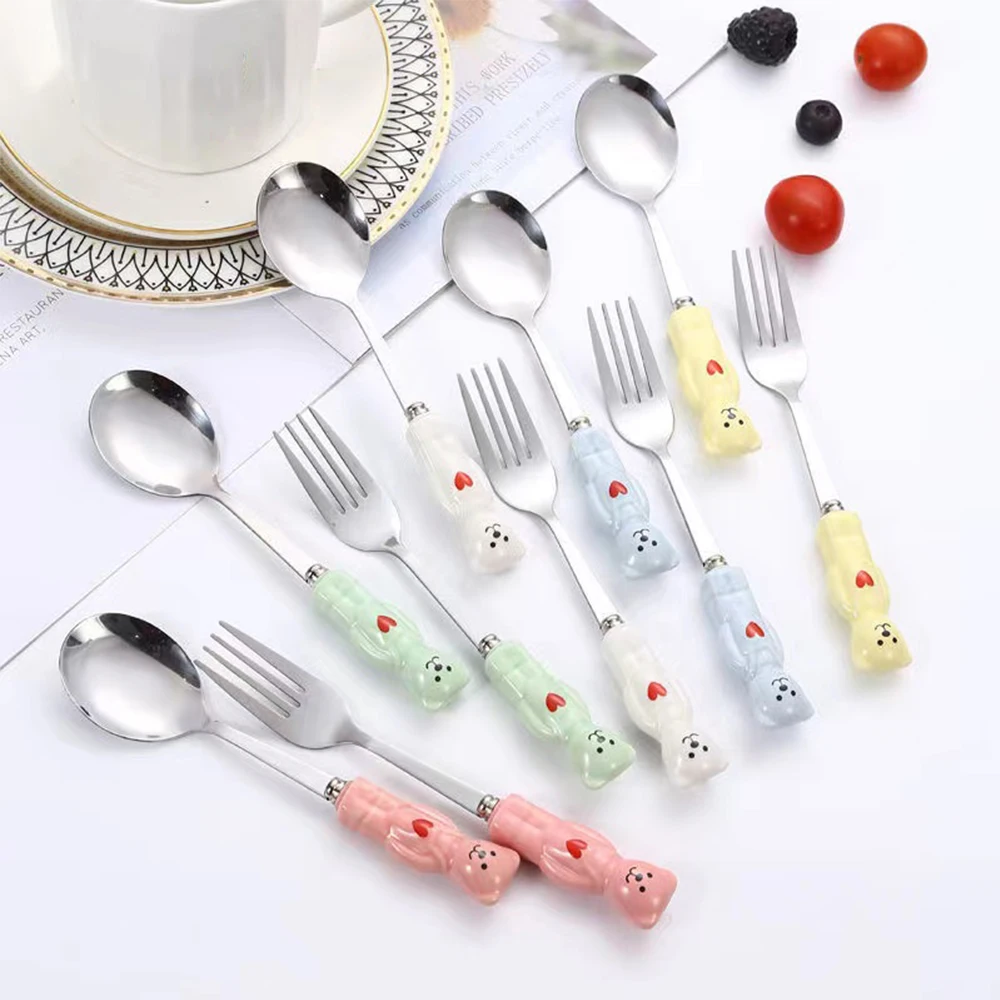 

1Set Stainless Steel Spoon Fork Korean Cute Bear Dessert Tableware Set Coffee Spoon Dinnerware Cutlery Set Kitchen Accessories