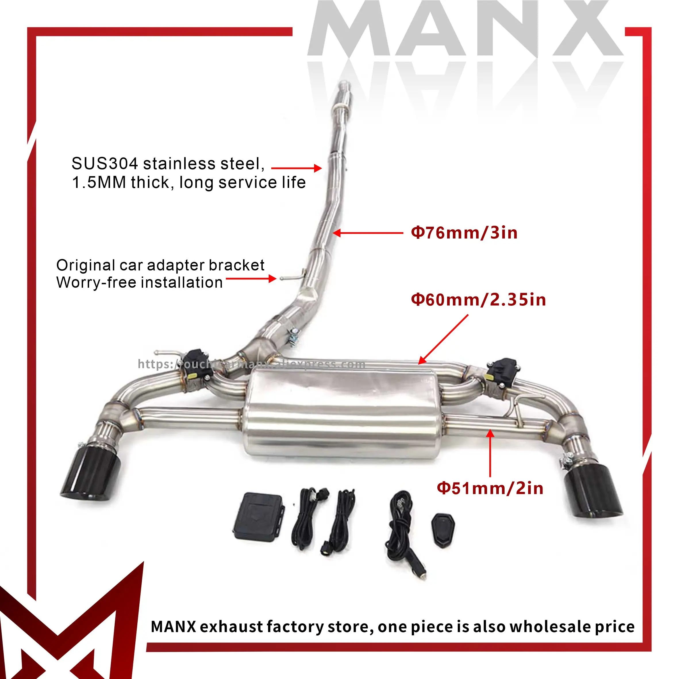 

Stainless steel Catback Performance Auto Exhaust pipe for BMW F40 M135i b48 Muffler with remote control valve