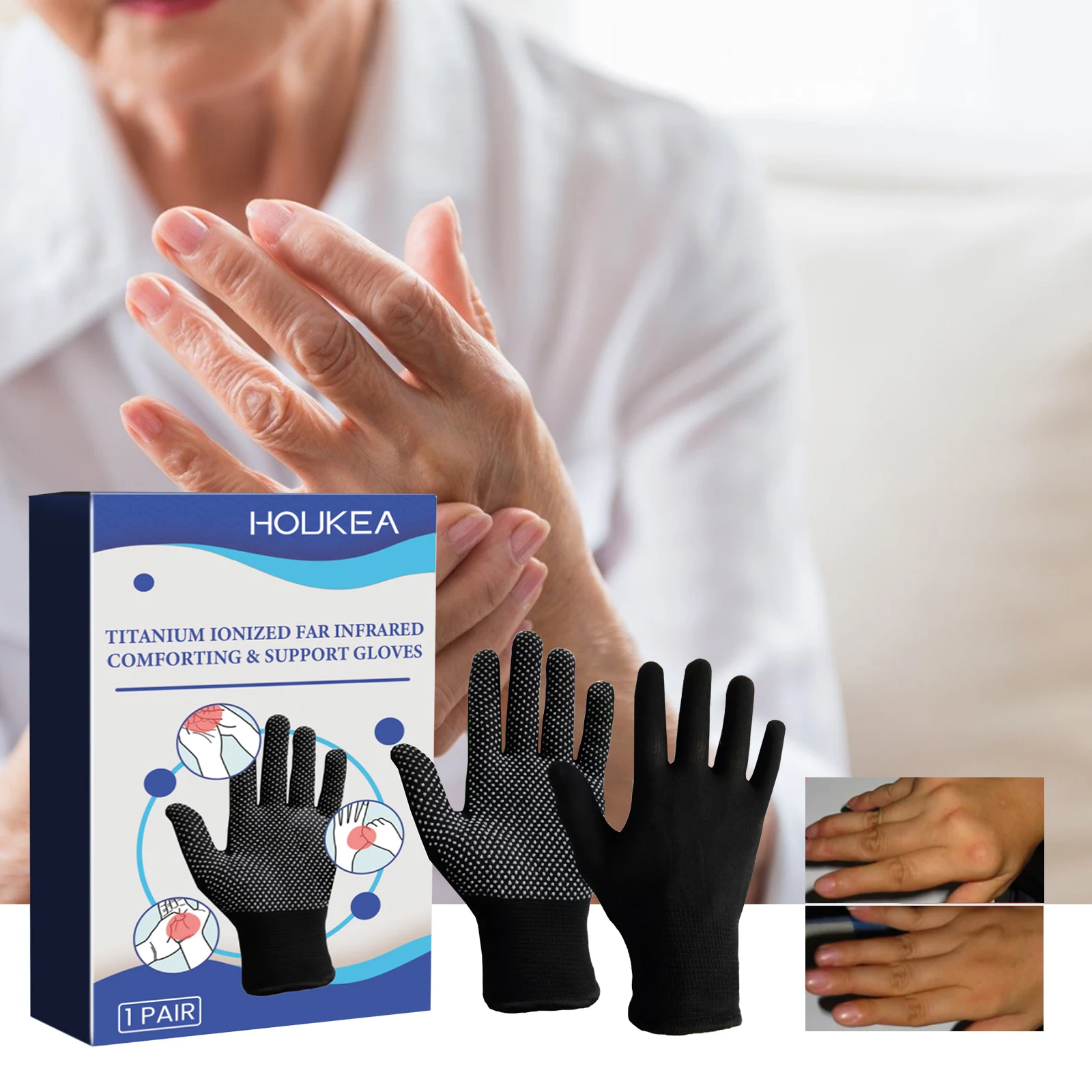 Abgabe von Relief-Handschuhen. Handgelenkhandschuhe zur Linderung von steifem, wundenem und geschwollenem Handgelenk und Daumengelenken