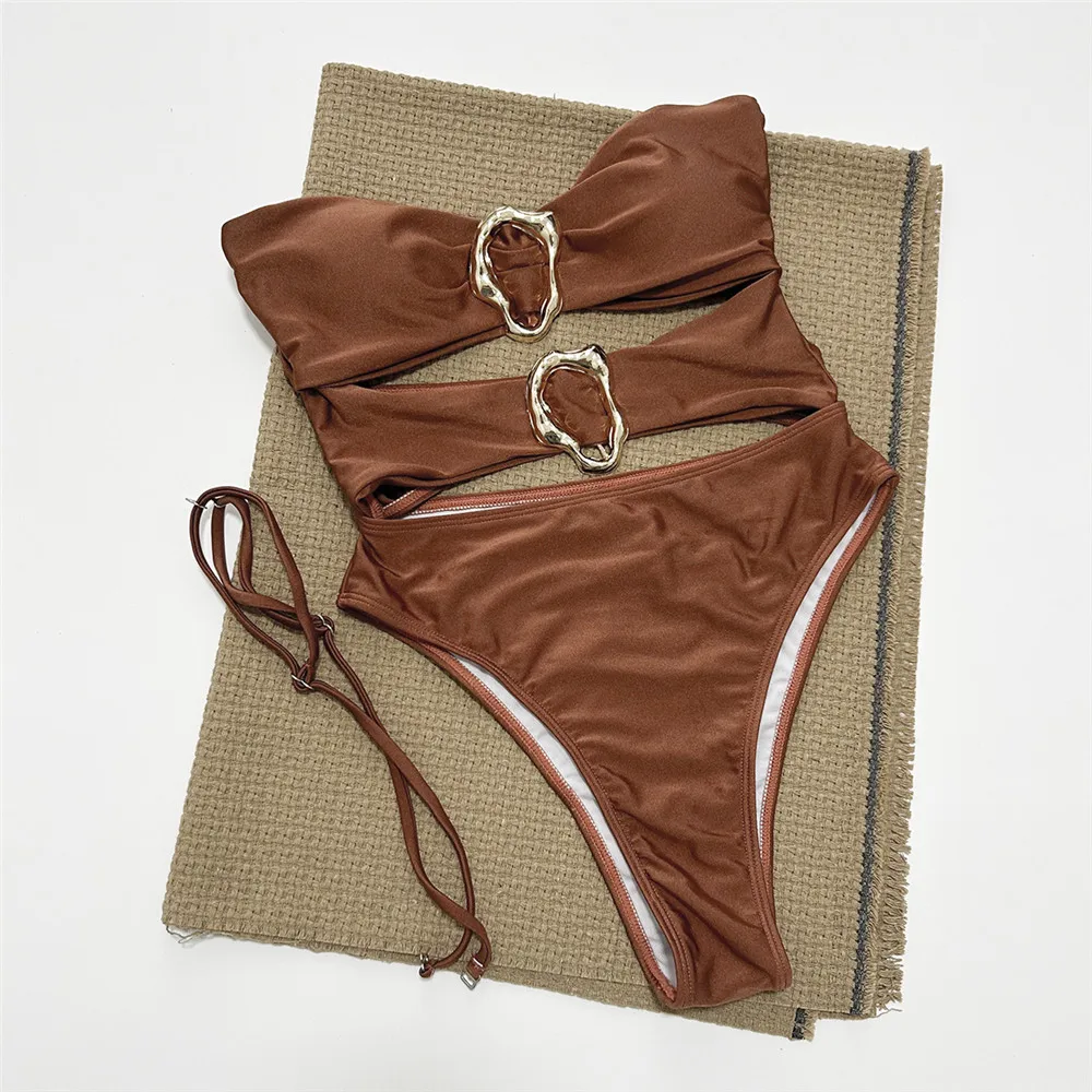 Brown Hollow Out Monokini Swimsuit Women One Piece Bandeau Swimwear Femms Strapless Bathing Suit Metal Ring Bather Swimming Wear